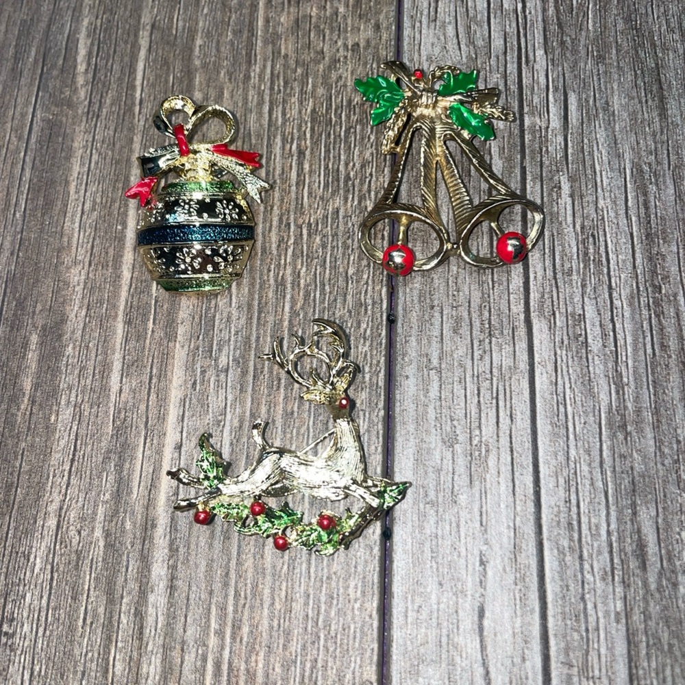Christmas Rudolph Reindeer Brooch Pin Signed GERRY'S + Ornament + Bells